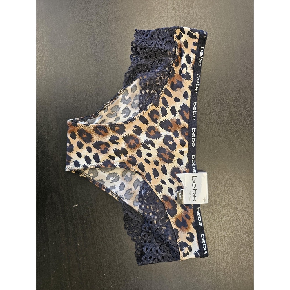 Bebe Womens Leopard Print Lace Trim Hipster Panties Navy Blue Logo Waistband S